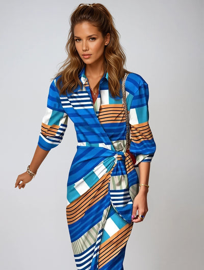 Elegant Maxi Dress with Abstract Print & Waist Detail - Long Sleeve Maxi Dresses for Women