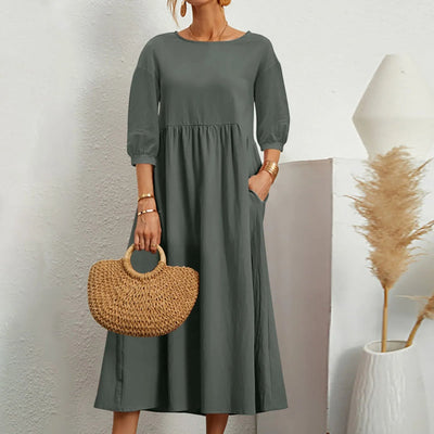 A-Line White Midi Dress for Women with Stylish Patchwork Details and Loose Fit