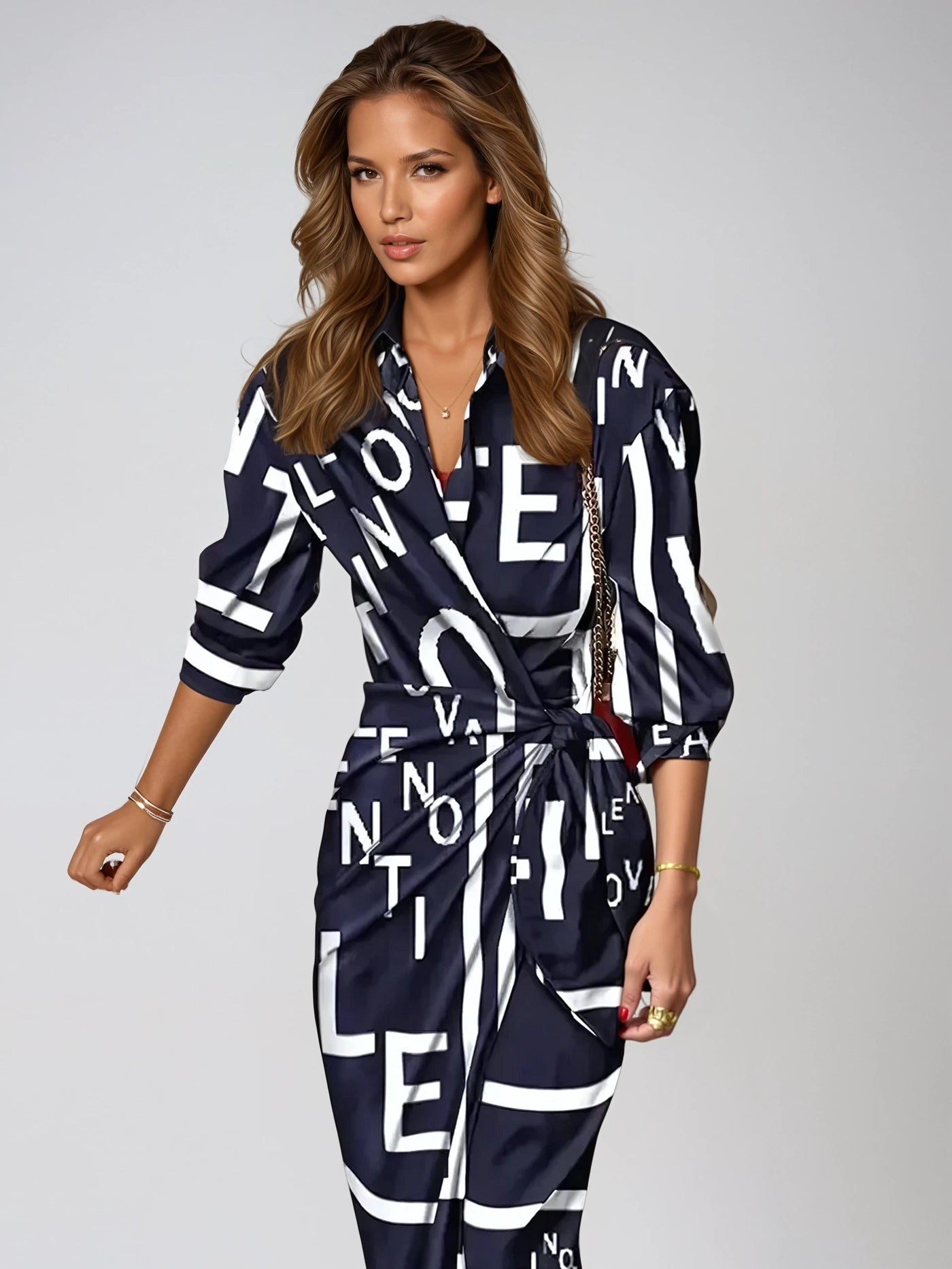 Elegant Maxi Dress with Abstract Print & Waist Detail - Long Sleeve Maxi Dresses for Women