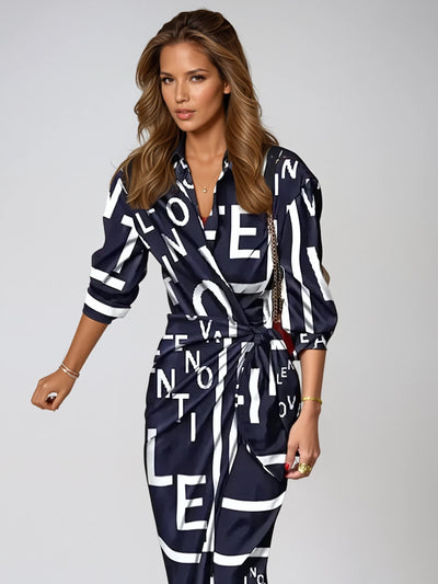 Elegant Maxi Dress with Abstract Print & Waist Detail - Long Sleeve Maxi Dresses for Women