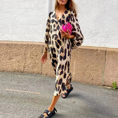Elegant Leopard Print Womens Dress with V-Neck and Lantern Sleeves