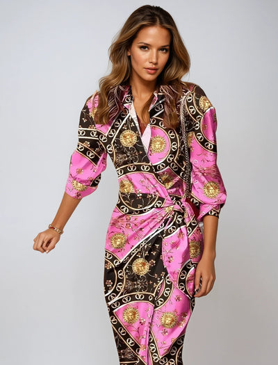 Elegant Maxi Dress with Abstract Print & Waist Detail - Long Sleeve Maxi Dresses for Women