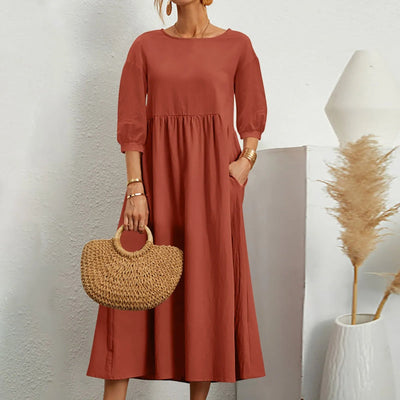 A-Line White Midi Dress for Women with Stylish Patchwork Details and Loose Fit