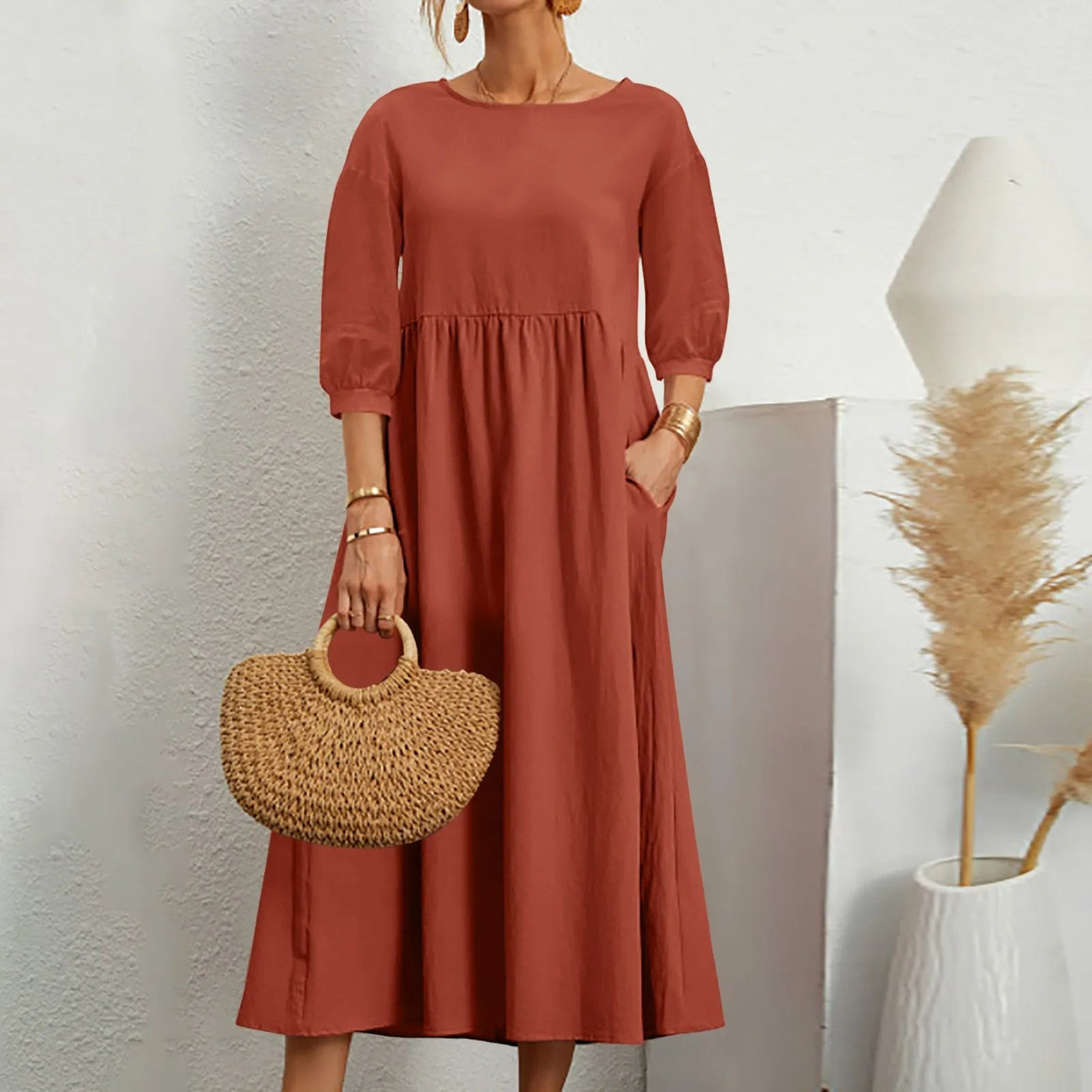A-Line White Midi Dress for Women with Stylish Patchwork Details and Loose Fit