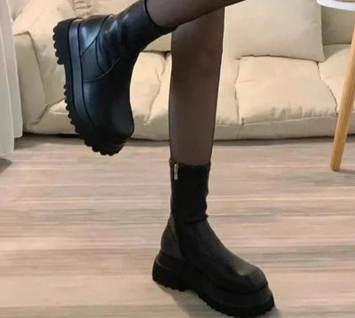 Black Chunky Ankle Boots for Women in Stretchy Synthetic Leather – Modern Urban Style with All-Day Comfort