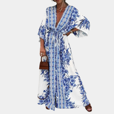 Elegant Long Summer Dress for Women with Wide Sleeves - Breathable Polyester