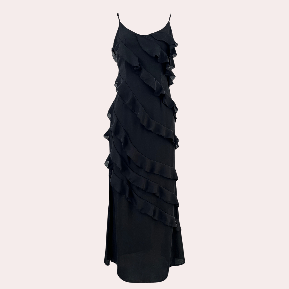Elegant Black Summer Dress with Ruffles & Side Split for Wedding Guests