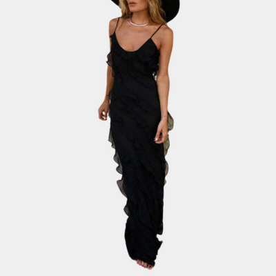 Elegant Black Summer Dress with Ruffles & Side Split for Wedding Guests