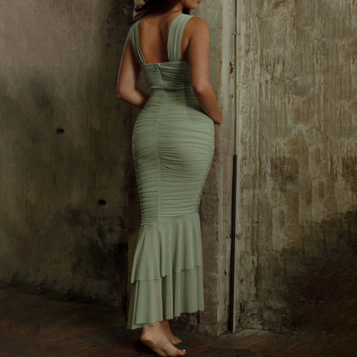 Elegant Fishtail Maxi Dress for Women - Square Neckline, Ankle-Length, Monochrome