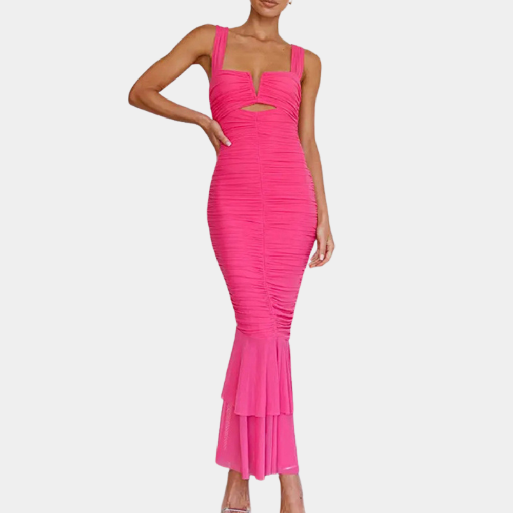 Elegant Fishtail Maxi Dress for Women - Square Neckline, Ankle-Length, Monochrome