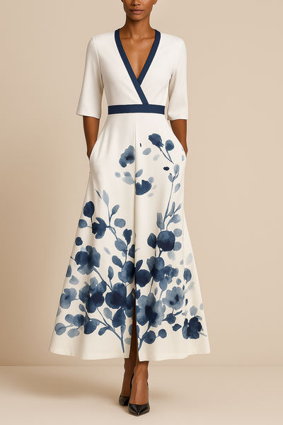 Long Sleeve Floral Maxi Dress for Women, V-Neck A-Line