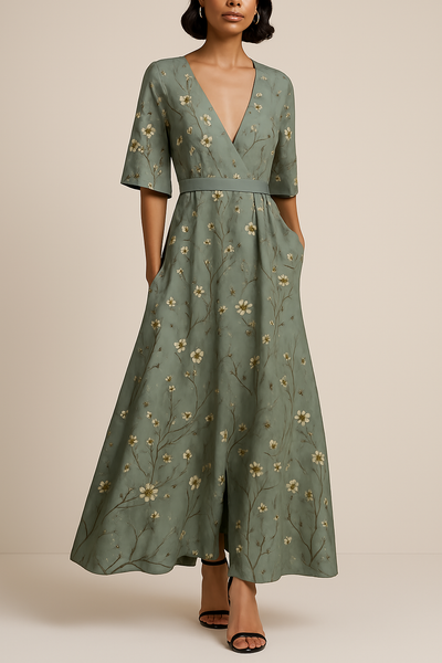 Long Sleeve Floral Maxi Dress for Women, V-Neck A-Line