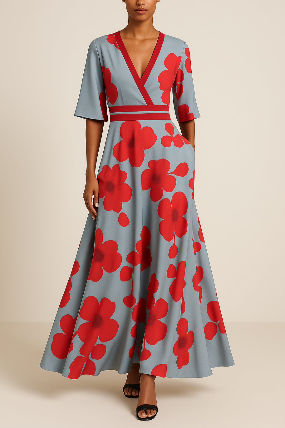 Long Sleeve Floral Maxi Dress for Women, V-Neck A-Line