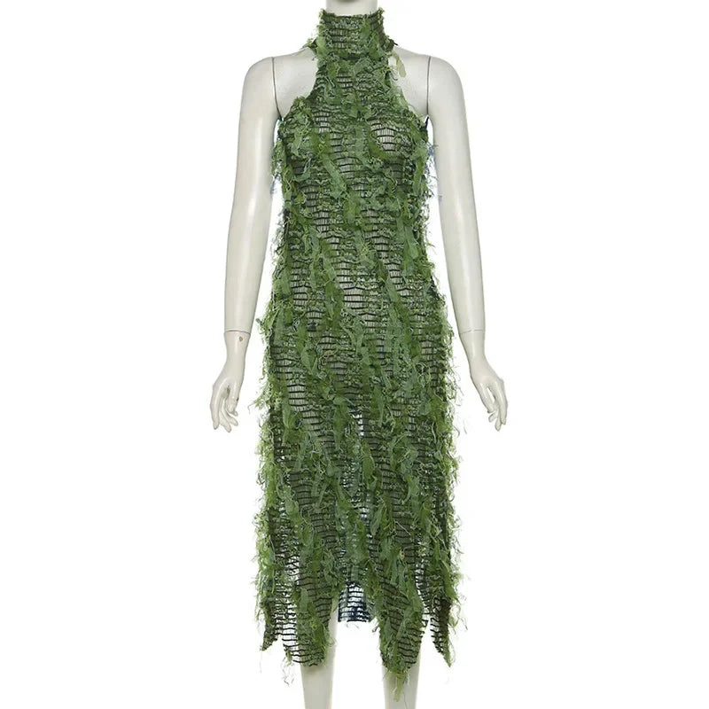 Elegant Long Sleeve Maxi Dress for Women with Tassel Detail - Premium Polyester Fabric