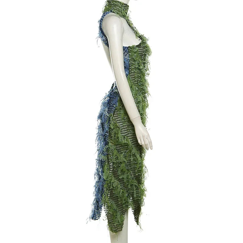 Elegant Long Sleeve Maxi Dress for Women with Tassel Detail - Premium Polyester Fabric