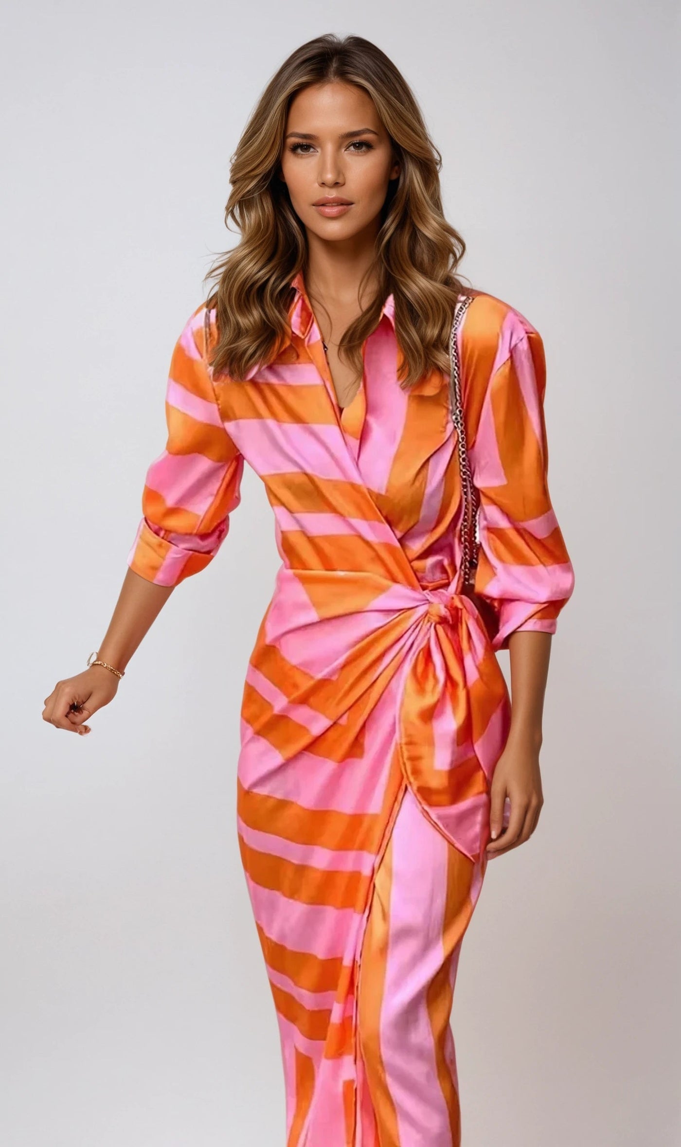Elegant Maxi Dress with Abstract Print & Waist Detail - Long Sleeve Maxi Dresses for Women