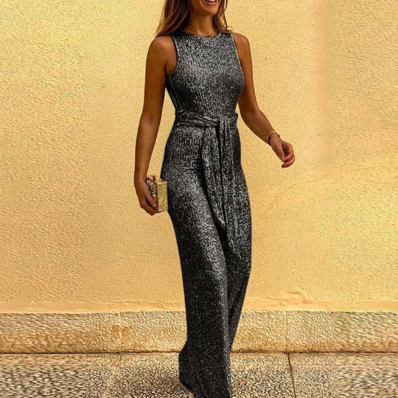 GlowAllure – Sparkly Open-Shoulder Jumpsuit