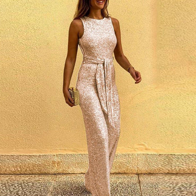 GlowAllure – Sparkly Open-Shoulder Jumpsuit
