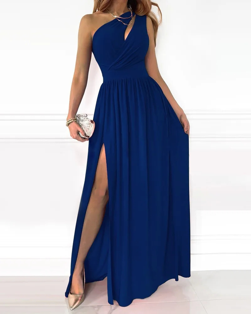 Hollow-Out Maxi Dress for Women - Elegant Long Dress with Diagonal Neckline