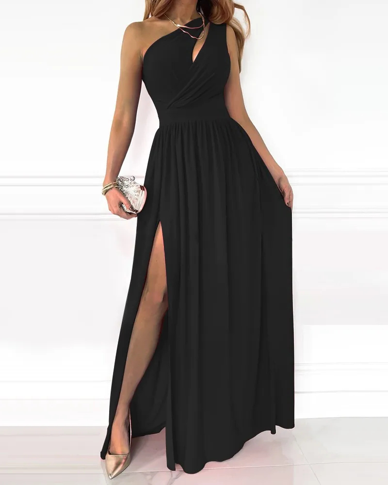 Hollow-Out Maxi Dress for Women - Elegant Long Dress with Diagonal Neckline
