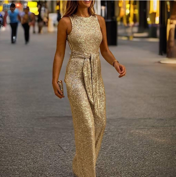 GlowAllure – Sparkly Open-Shoulder Jumpsuit