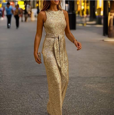 GlowAllure – Sparkly Open-Shoulder Jumpsuit