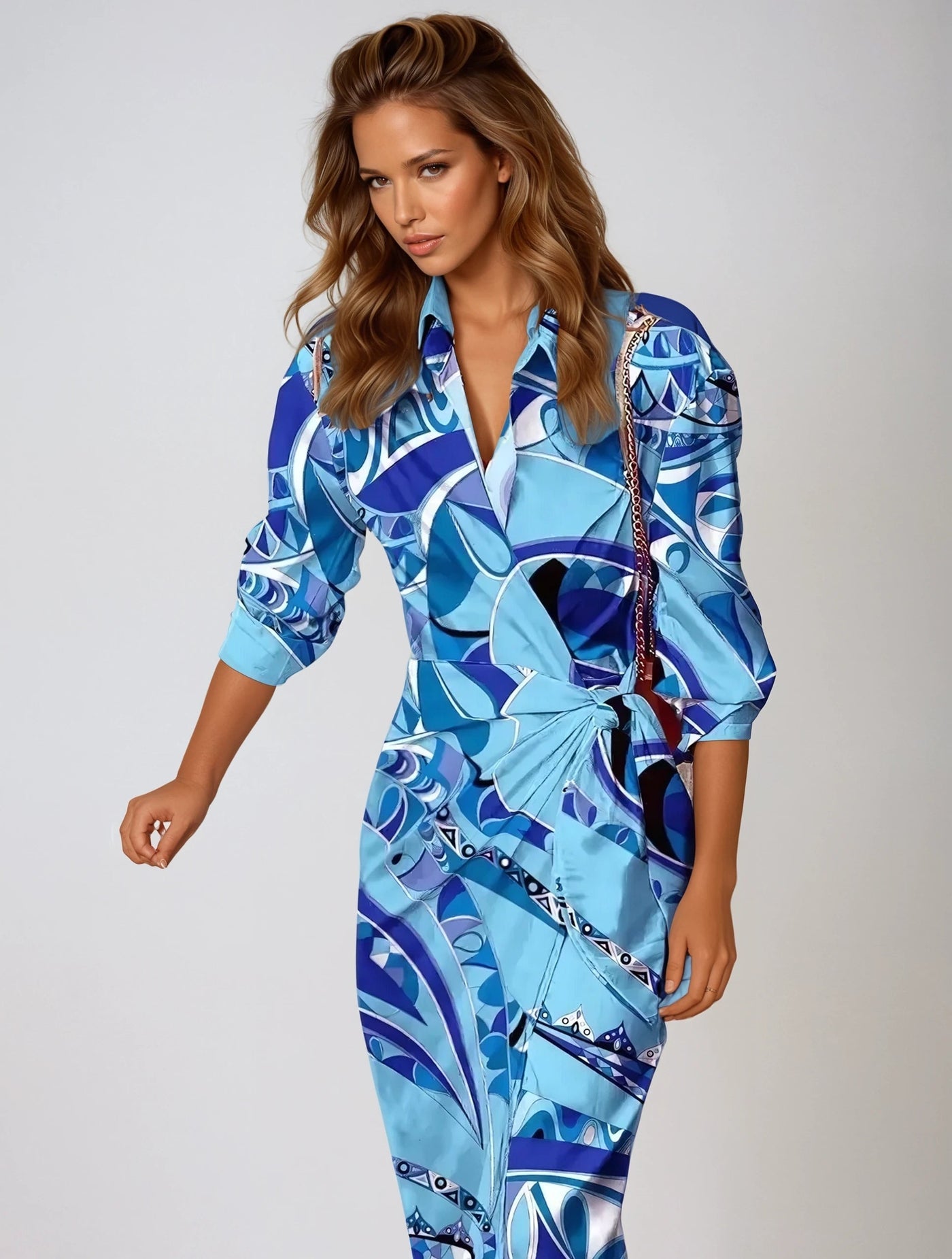 Elegant Maxi Dress with Abstract Print & Waist Detail - Long Sleeve Maxi Dresses for Women