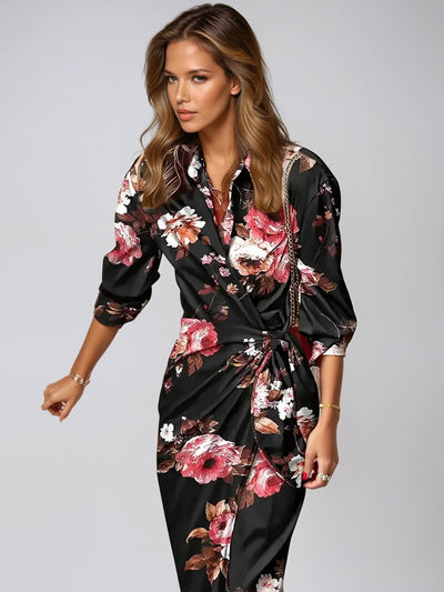 Elegant Maxi Dress with Abstract Print & Waist Detail - Long Sleeve Maxi Dresses for Women